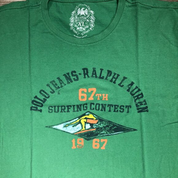 Polo Jeans Men XL Ralph Lauren 67th Surfing Contest Graphic T Shirt Green Cotton - Picture 3 of 5